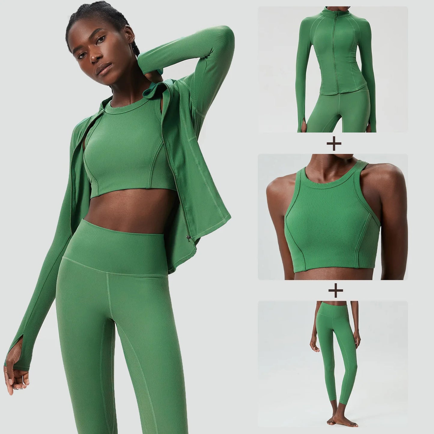 3PCS Women’s Fitness Yoga Set – Solid Color Ribbed Long Sleeve Top & High Waist Leggings, Breathable Workout Sportswear