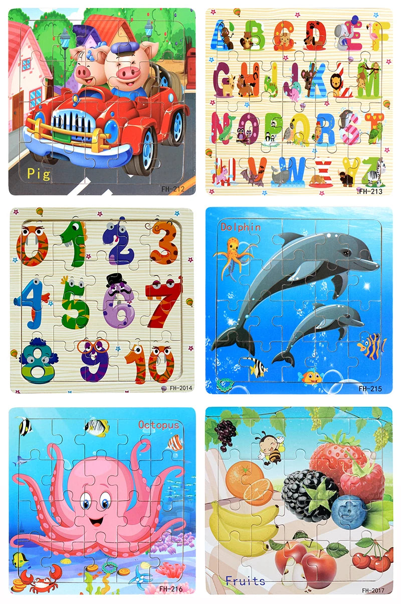 20-Piece Wooden Puzzle Set — Cartoon Animals, Cars, Letters & Numbers Educational Jigsaw Toys for Kids