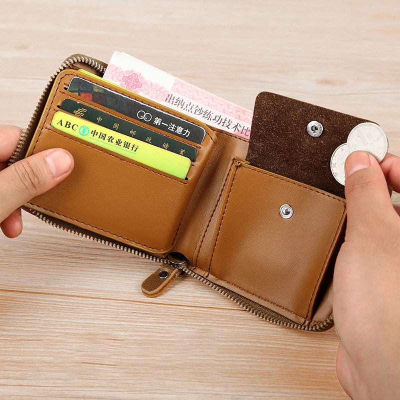 Luxury Leather Men's Wallet – RFID Zipper Card Holder with Coin Pocket, Perfect Gift for Men