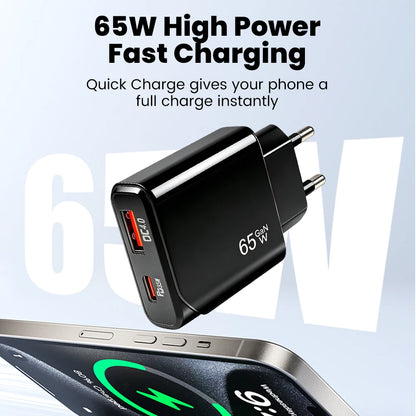 65W GaN USB-C Fast Charger – Ultra-Thin Dual-Port PD/QC Wall Adapter for iPhone, Samsung, and Xiaomi Devices