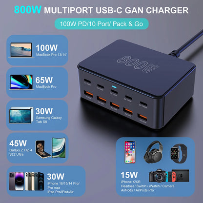 800W USB-C GaN Fast Charger - 100W PD3.0 PPS QC3.0 Multiport Charging Station for iPhone, Samsung & Laptops