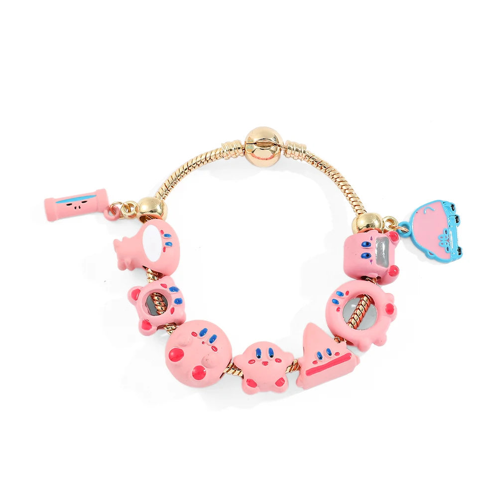 Pink Kirby Gold-Plated Charm Bangle Bracelet - Kawaii Anime Enamel Jewelry Accessory for Fans