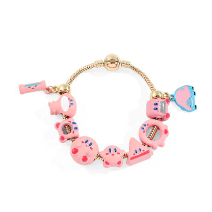 Pink Kirby Gold-Plated Charm Bangle Bracelet - Kawaii Anime Enamel Jewelry Accessory for Fans