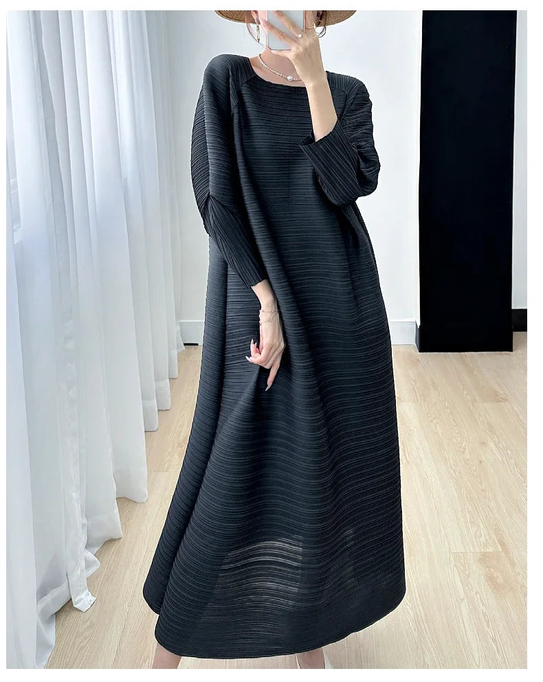 2023 Women's Miyake Pleated Long Dress – Full Sleeve, Round Neck, Korean Fashion, Plus Size Summer Style