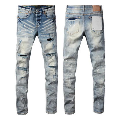 2025 Men’s High Street Ripped Skinny Jeans — Low Rise Blue Distressed Denim Fashion Repair Trousers 9003