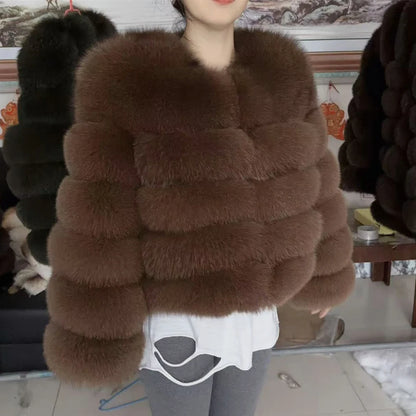 QUEENTINA Women’s Real Fox Fur Coat – Brown Leather & Skin Winter Fashion Outerwear 2025