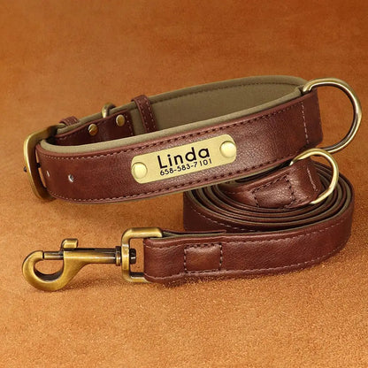 Customized Leather Dog Collar & Leash Set – Soft Padded Adjustable Collar for Small, Medium & Large Dogs with Engraved Nameplate