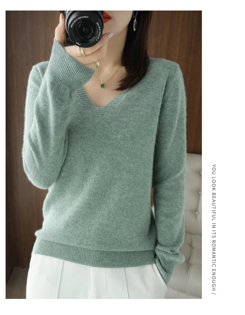 New Women’s Cashmere V-Neck Pullover – Lace Hollow Out Long Sleeve Knitted Sweater for Fall & Winter