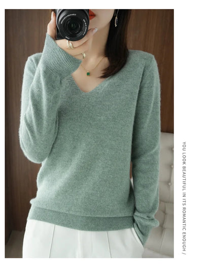 New Women’s Cashmere V-Neck Pullover – Lace Hollow Out Long Sleeve Knitted Sweater for Fall & Winter