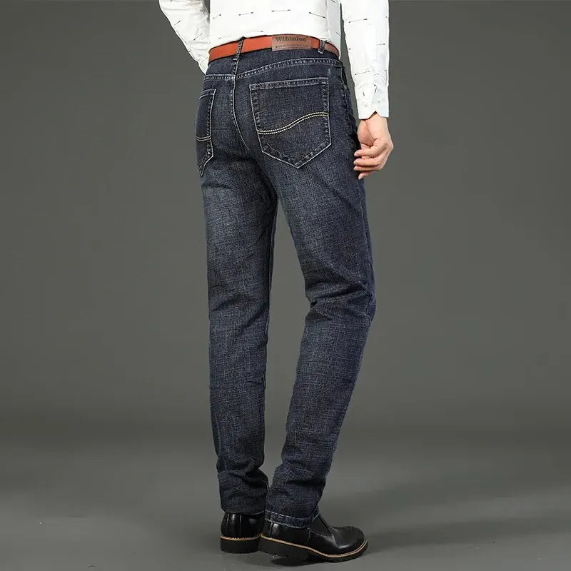 Wthinlee Men's Business Jeans - Casual Straight Stretch Denim Trousers, Classic Blue & Black Workwear, Brand Clothing