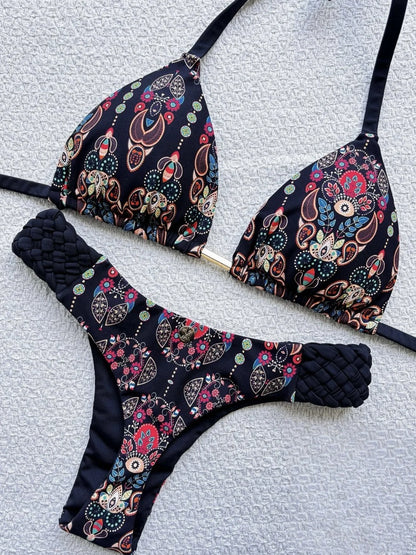 RUOTONSEPT Women’s Print Halter Bikini Set - High Cut Mini Thong Two-Piece Swimsuit Beach Swimwear
