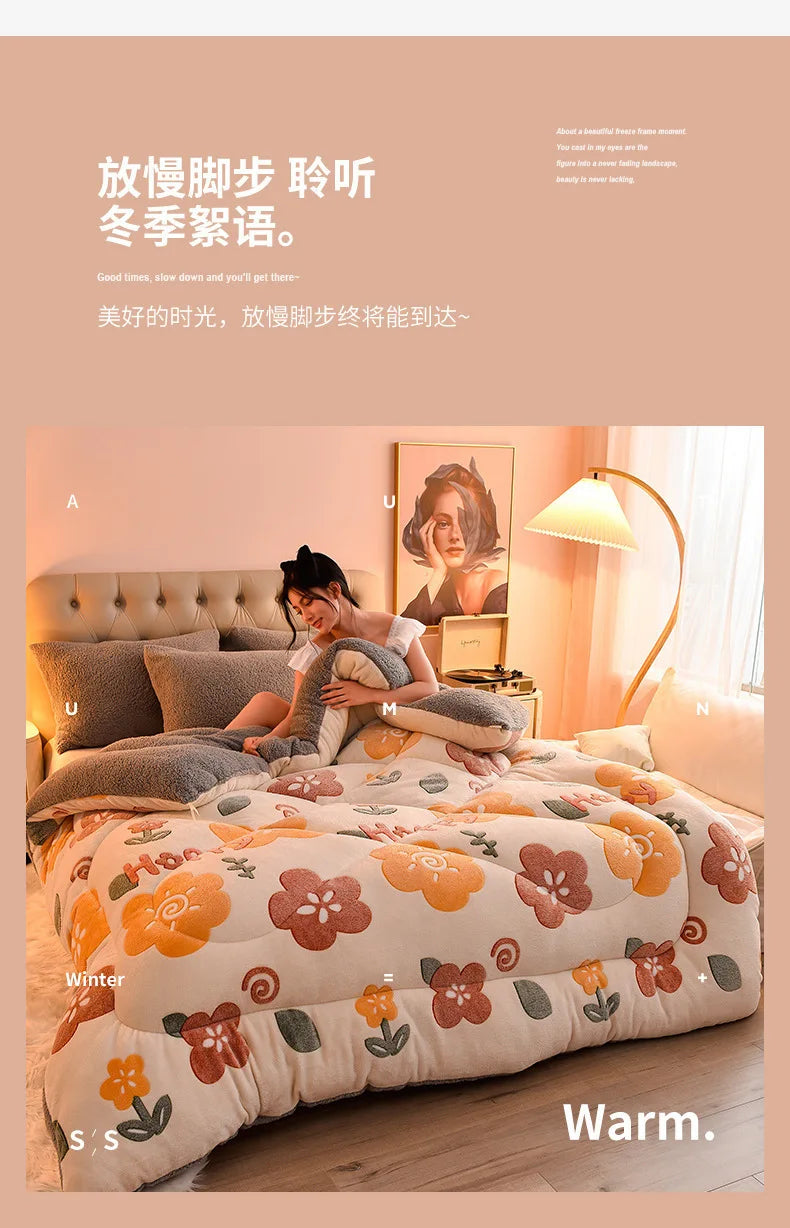Plush Winter Lamb Velvet Quilt – Thickened Cotton, Double-Sided Warm Lamb Wool Blanket for Single & Double Beds
