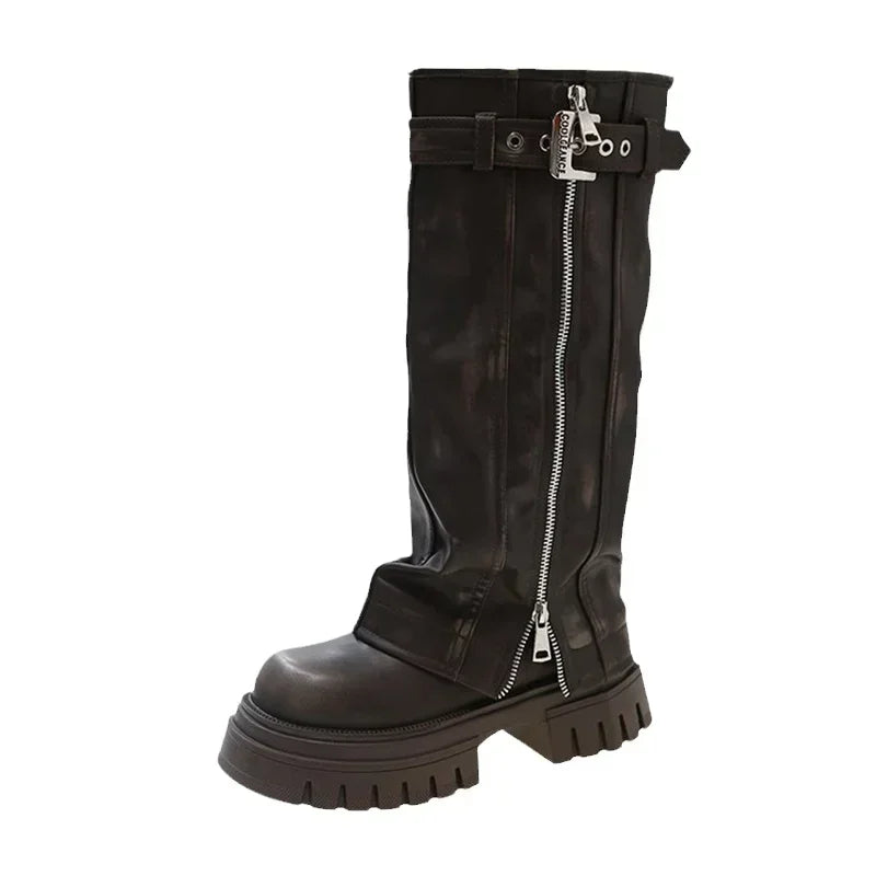 Winter Women's Biker Boots – Fashion Belt Buckle Knee-High Platform Booties