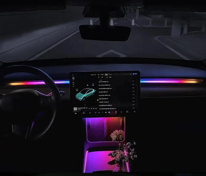 2-in-1 Dynamic Neon RGB Car LED Ambient Lighting – Auto OFF 60s Module for Tesla Model 3 & Y Dashboard Decoration