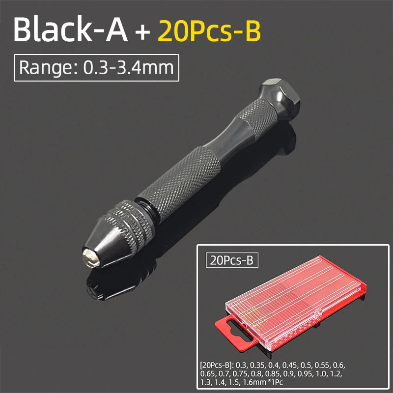 Mini Aluminum Hand Drill 0.3–3.4mm – Keyless Chuck Micro Rotary Tool with HSS Twist Drill Bit Set for Wood & DIY Crafts
