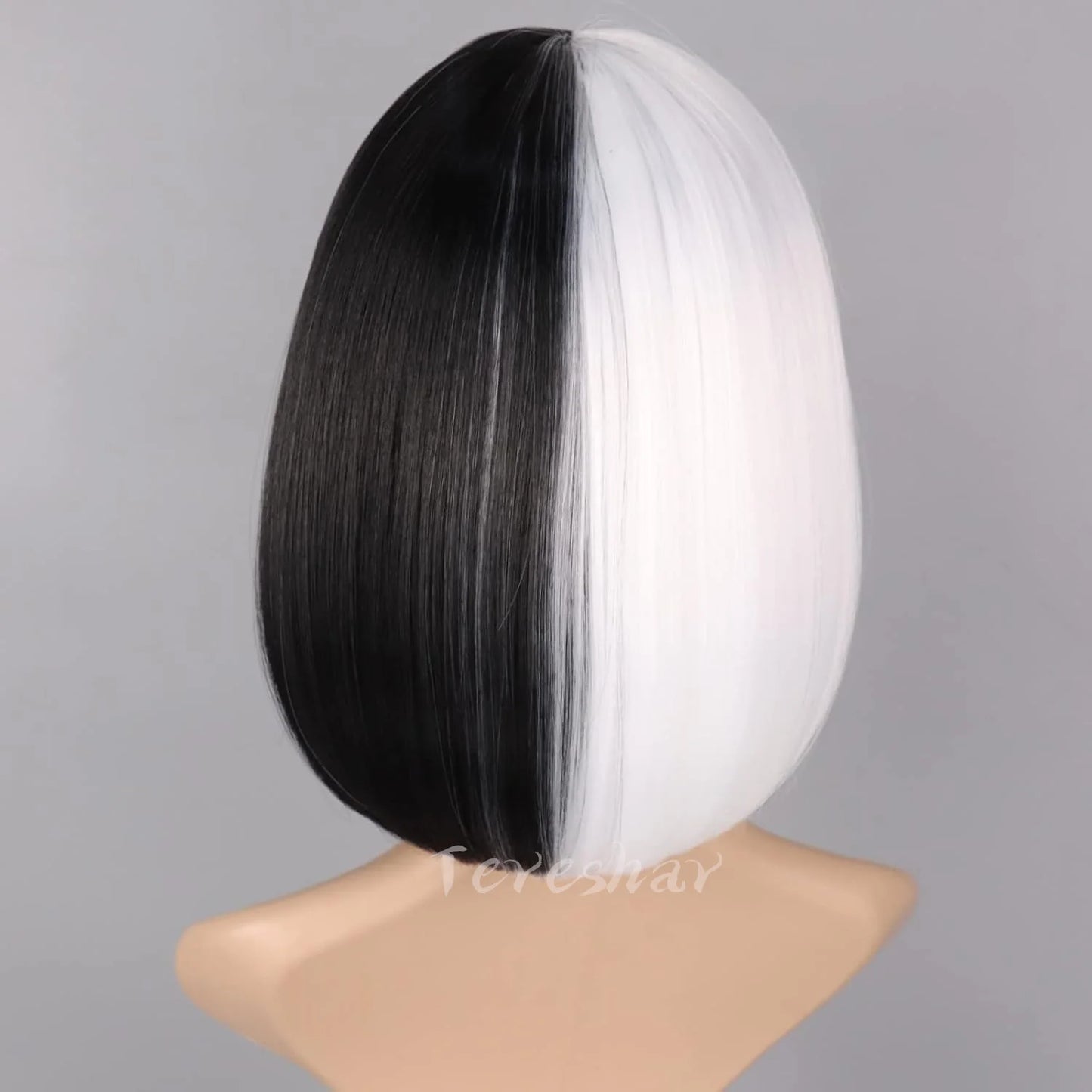 Synthetic Half Black Half White Bob Wig – Short Straight Wig with Bangs for Women, Cosplay & Party Wear