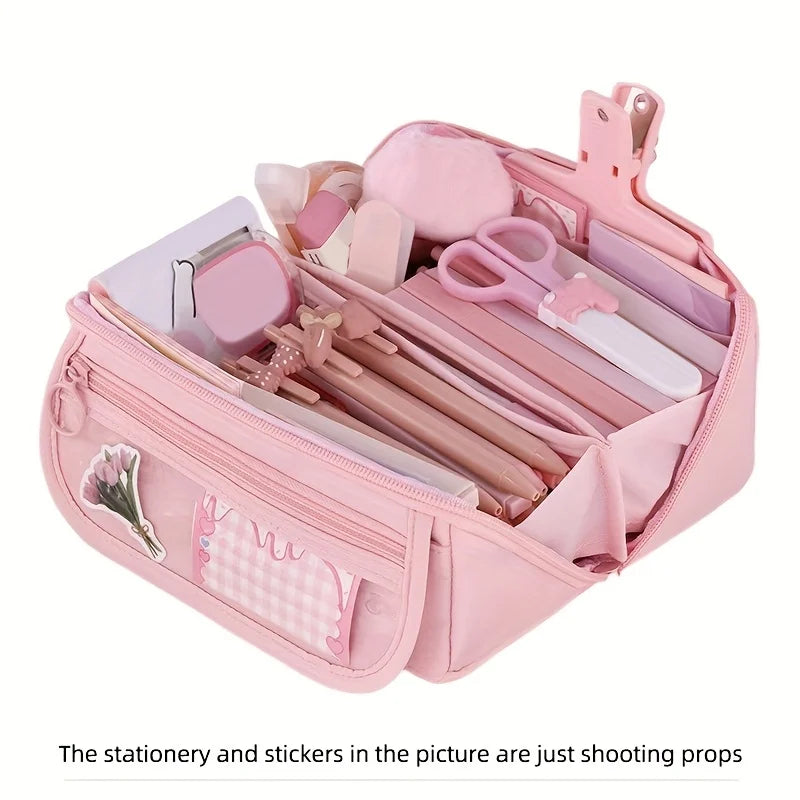 Large Capacity Pencil Case Organizer - Multi Compartment School & Office Supply Storage Bag in Pink Purple Black