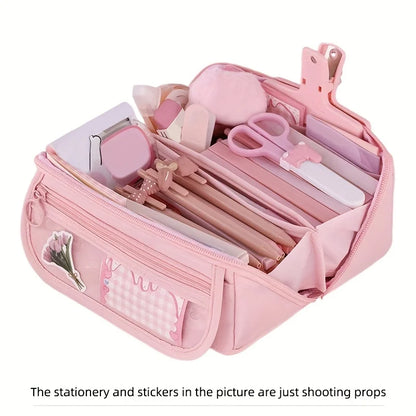 Large Capacity Pencil Case Organizer - Multi Compartment School & Office Supply Storage Bag in Pink Purple Black