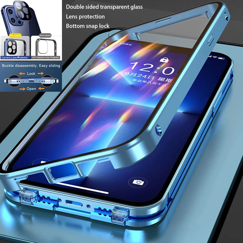 360° Full Protection Magnetic Metal Phone Case - Double-Sided Glass Cover with Lock Buckle for iPhone 11-16 Pro Max