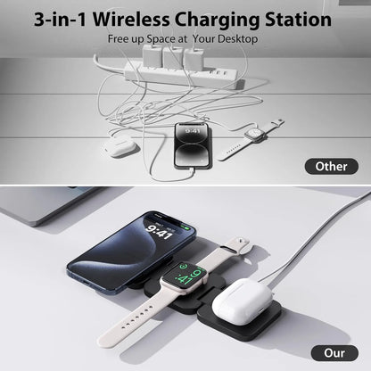 Fast 3-in-1 Magnetic Wireless Charger – Foldable Charging Stand for iPhone 16-12, Apple Watch Series 10-3 & AirPods Pro/3/2