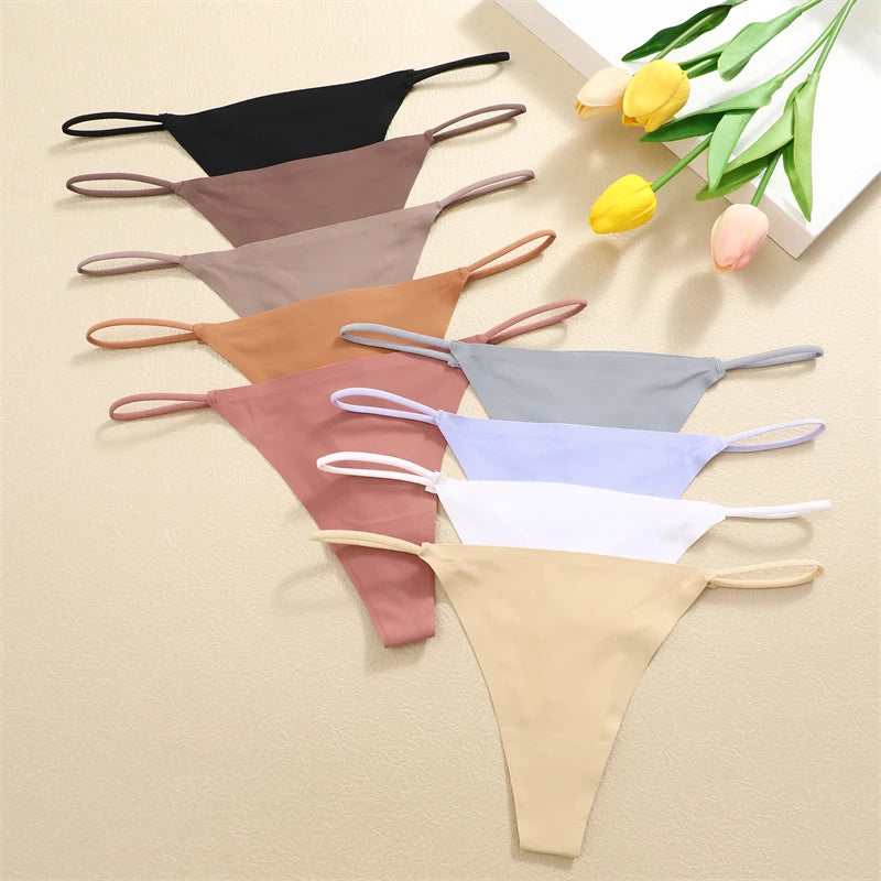 5PCS Seamless Ice Silk Thongs for Women – Low Waist Sexy Bikini T-Back, Solid Color Traceless G-String Panties, XS-XL