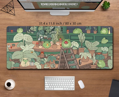 Kawaii Frogs XXL Desk Mat – Cute Anime Aesthetic Gaming Mousepad, Green Nature & Lofi Plant Extended Mouse Pad