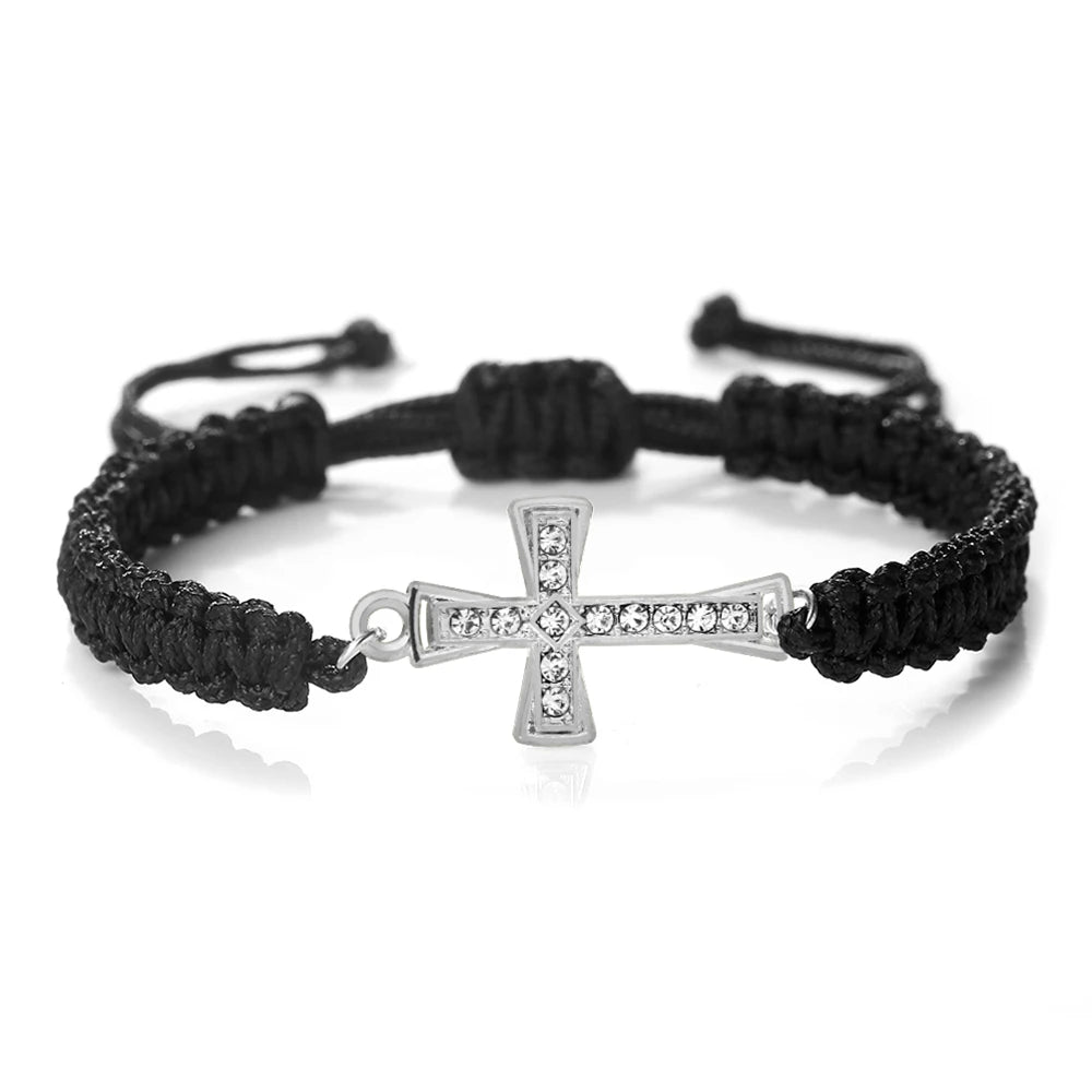Crystal Cross Pendant Bracelet - Red & Black Braided Prayer Rope Jewelry Gift for Men & Women