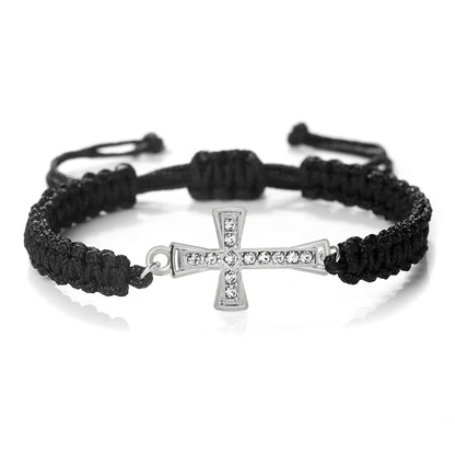 Crystal Cross Pendant Bracelet - Red & Black Braided Prayer Rope Jewelry Gift for Men & Women