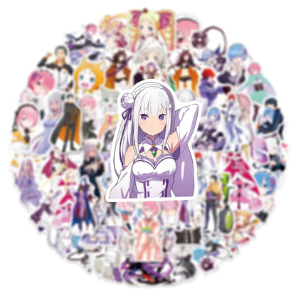 50PCS Re:Zero Anime Stickers – Rem, Ram & Emilia Waterproof Decals for Laptops, Water Bottles & Luggage