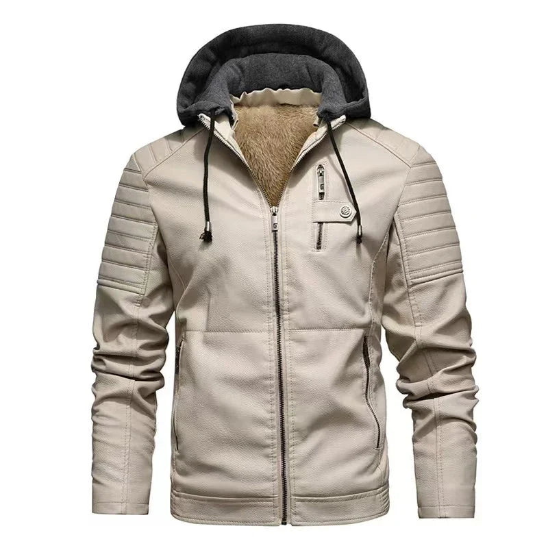 Fashion Men’s Hooded Faux Leather Jacket – Military Style Motorcycle Outwear with Zipper Pockets, Autumn Winter Coat