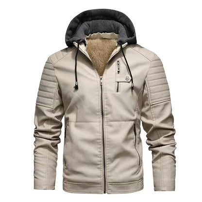 Fashion Men’s Hooded Faux Leather Jacket – Military Style Motorcycle Outwear with Zipper Pockets, Autumn Winter Coat