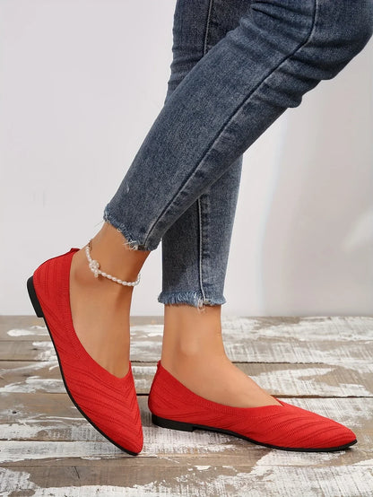 Women’s Pointed Toe Knitted Slip-On Flats – Solid Color Casual Breathable Ballet Loafers