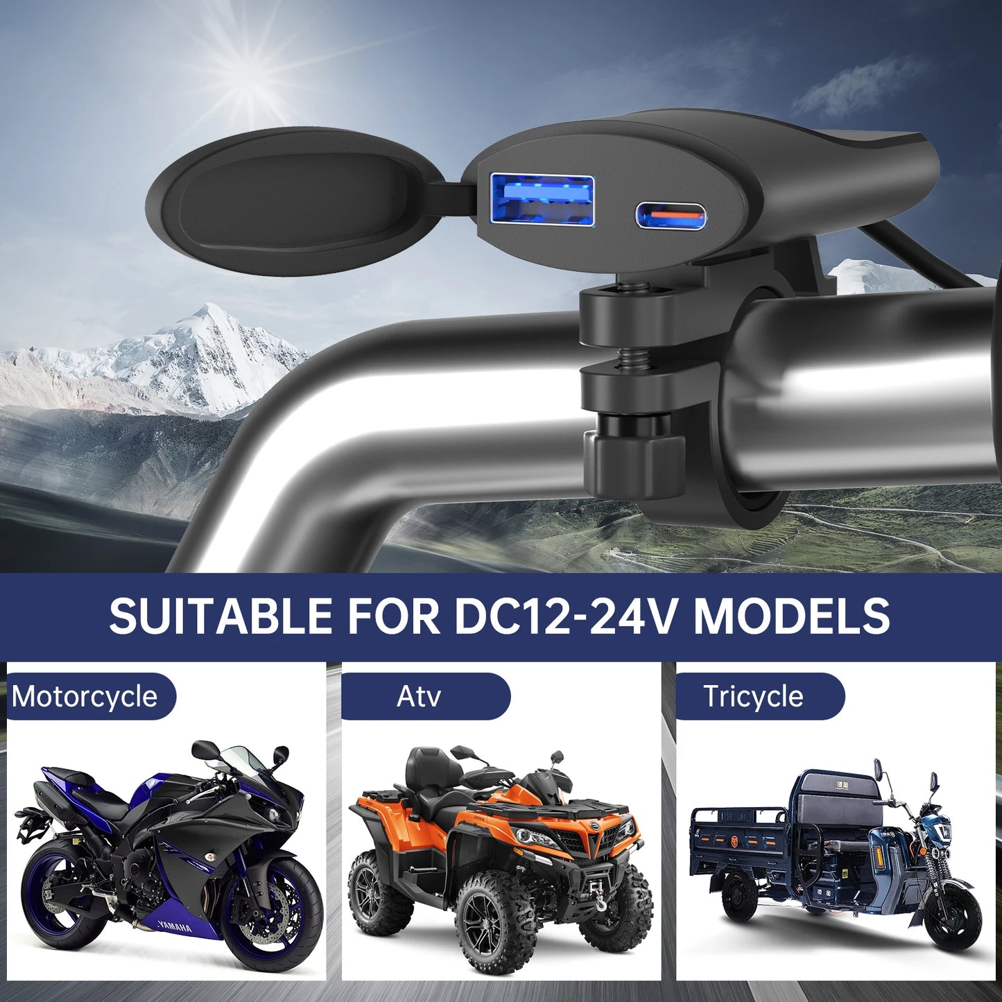 Extractme Motorcycle USB Charger: 30W QC3.0 Type C Charger - IP67 Waterproof with Handlebar Mounting Bracket for Moto Phone Charging