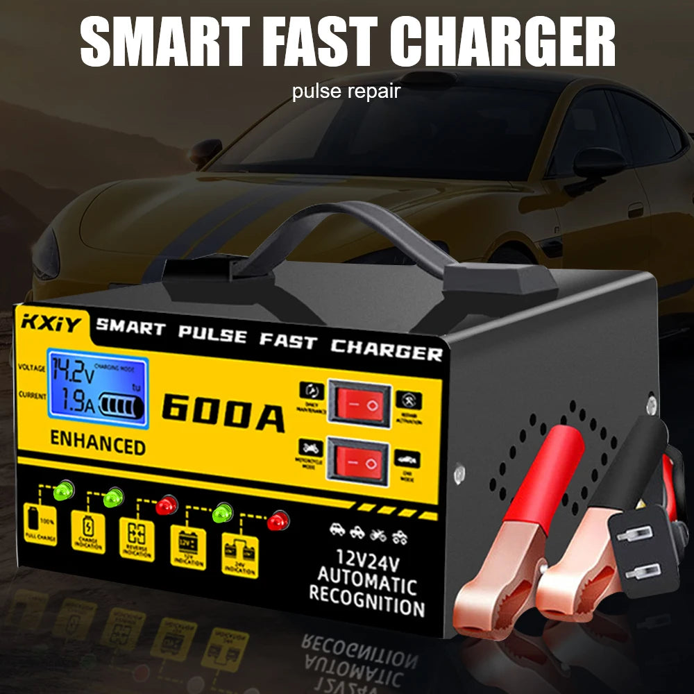 12V/24V Intelligent Car Battery Charger – 600A Digital LCD Pulse Repair with Automatic Stop & Temperature Detection