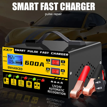 12V/24V Intelligent Car Battery Charger – 600A Digital LCD Pulse Repair with Automatic Stop & Temperature Detection