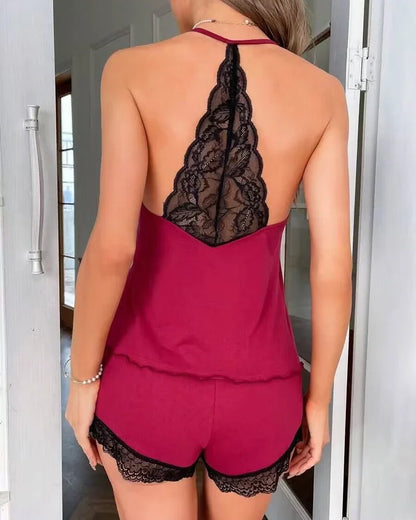 Women's Crochet Lace Pajamas Set – Sleeveless V-Neck Two-Piece Sexy Summer Sleepwear Homewear