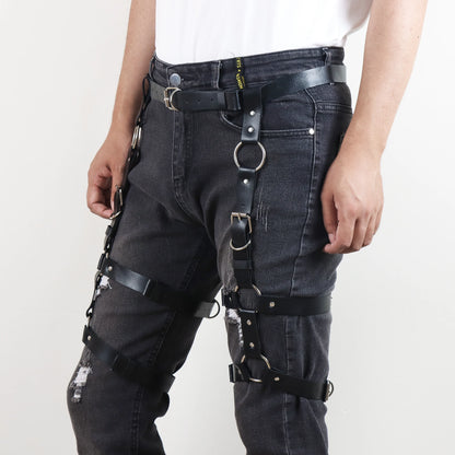 Men's Punk Leather Thigh Harness - Garter Belt with Adjustable Leg Rings for Gothic Fashion