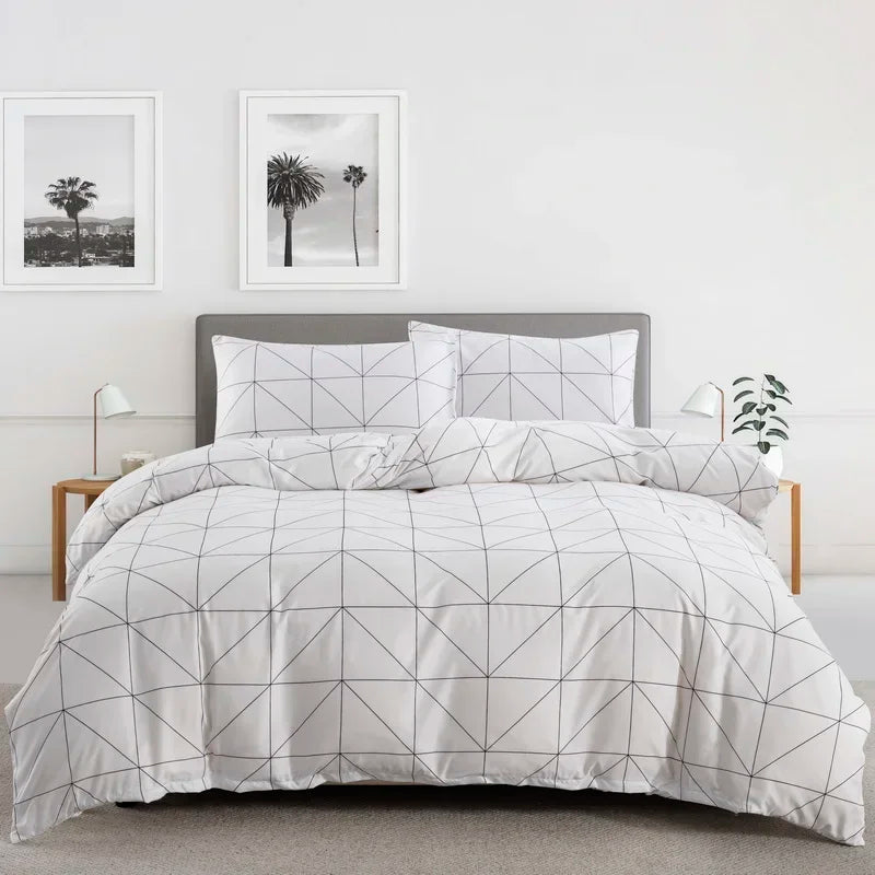 Grey Feather Duvet Cover Set – Full/Queen Boho Bedding with Soft Reversible White Comforter Cover for Kids & Teens