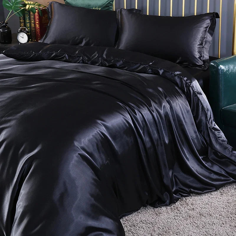 Silk Bedding Set With Duvet Cover - Luxury Satin Bed Sheet Pillowcase Set Solid Color King Queen Twin Size