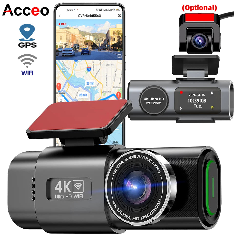 Dual Lens Dash Cam 4K UHD – Car Camera DVR with Night Vision, Wi-Fi, GPS, 24H Parking Monitoring