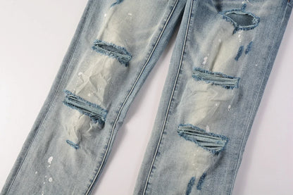 2025 Men’s High Street Ripped Skinny Jeans — Low Rise Blue Distressed Denim Fashion Repair Trousers 9003