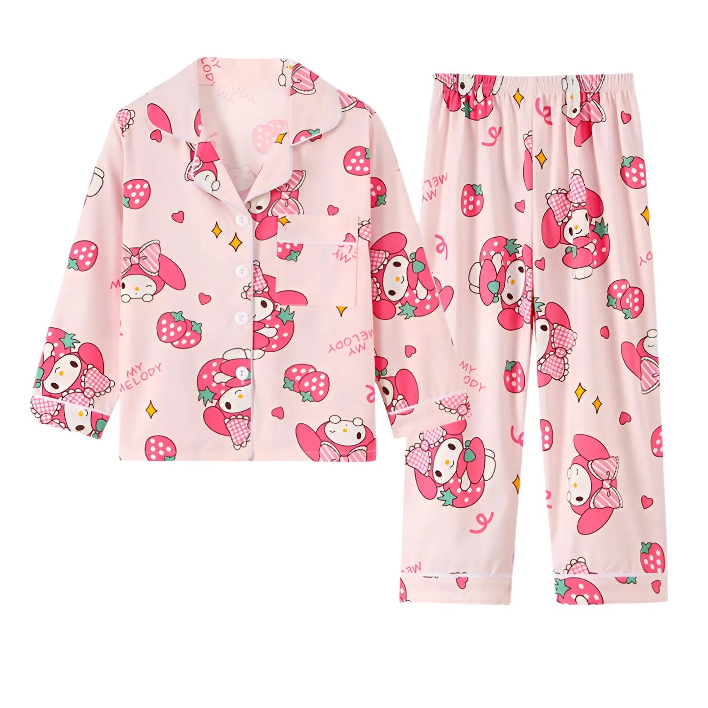 2pcs Kid's Cinnamoroll Pajamas Set - Long Sleeve Top & Pants, Kuromi Sanrio Print Loungewear for Girls