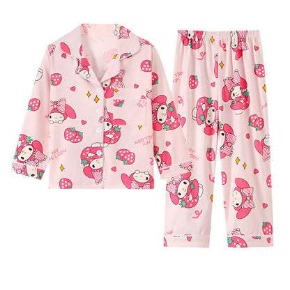 2pcs Kid's Cinnamoroll Pajamas Set - Long Sleeve Top & Pants, Kuromi Sanrio Print Loungewear for Girls