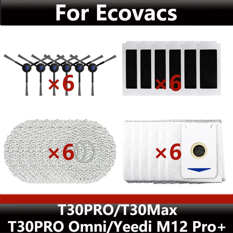 ECOVACS T30S PRO/T30 PRO OMNI & YEEDI M12 Pro+ Robot Vacuum Replacement Parts – Dust Bag, Main & Side Brush, Filter, Mop Accessories