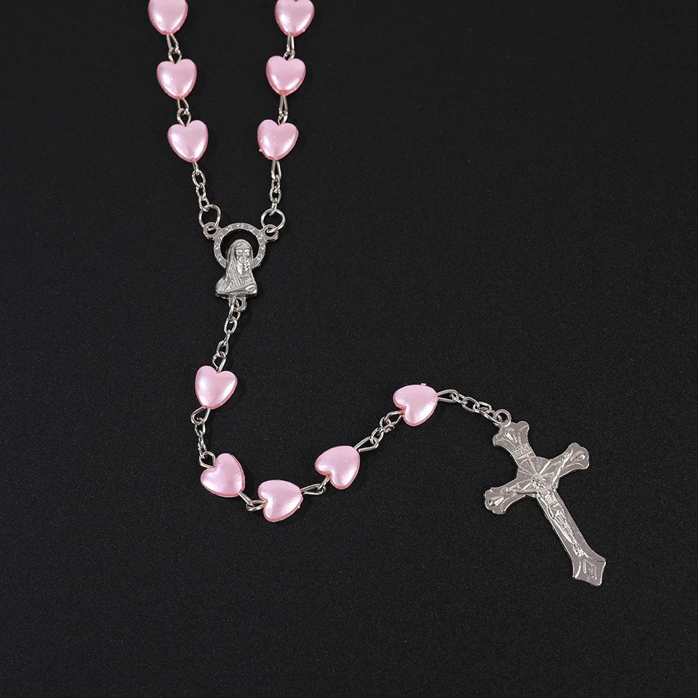 Pink & White Heart Rosary Necklace – Virgin Mary Cross Pendant Beaded Chain Religious Prayer Jewelry Gift for Men & Women