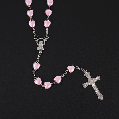 Pink & White Heart Rosary Necklace – Virgin Mary Cross Pendant Beaded Chain Religious Prayer Jewelry Gift for Men & Women