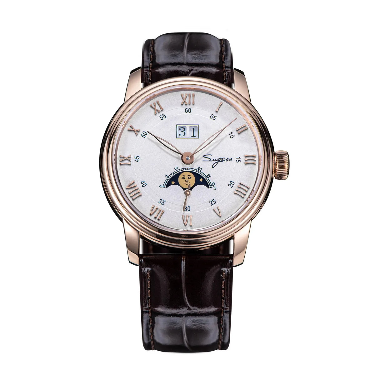 Sugess Moonphase Men’s Automatic Mechanical Watch — 40MM Stainless Steel with Seagull ST2528 Movement and Blue Sandstone Dial