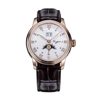 Sugess Moonphase Men’s Automatic Mechanical Watch — 40MM Stainless Steel with Seagull ST2528 Movement and Blue Sandstone Dial