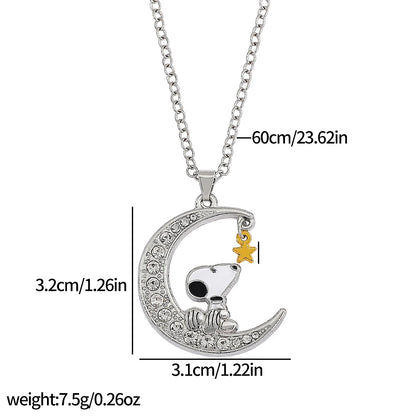 Snoopy Woodstock Friendship Necklace - Silver-Tone Moon & Heart Pendant with Cute Enamel & Rhinestone Details