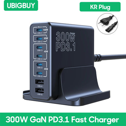 Ubigbuy 300W Multi-Port GaN Charger - USB-C 140W PD 3.1 & PPS 100W Charging Station for MacBook Pro M2, iPhone 15/14, Galaxy